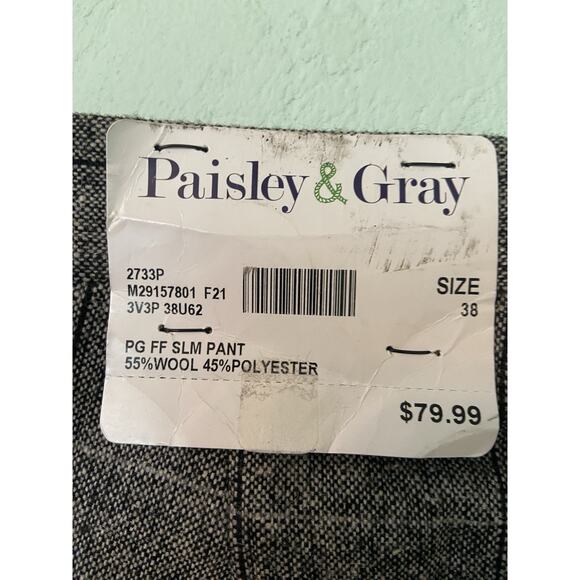 Paisley & Gray 38x32 Grey Plaid Slim Fit Wool Blend Men's Pants - Picture 2 of 4